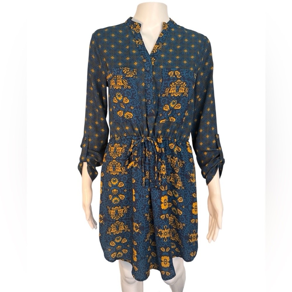 Blue Rain Shirt Dress Medium Floral Split Neck Cinch Waste Y2K Boho